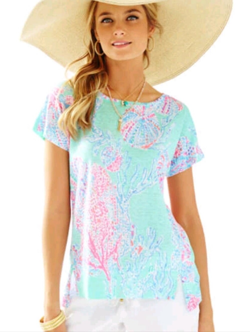 Lilly Pulitzer Mikela Linen Blouse in Minty Fresh Fan Sea Pink Blue Medium